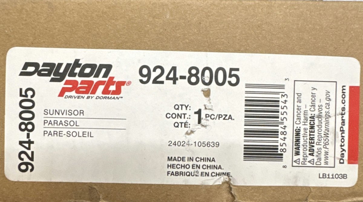 Dorman 924 - 8005 Freightliner Cascadia Sun Visor Assembly - Gray Vinyl - Sumara Shop LLC